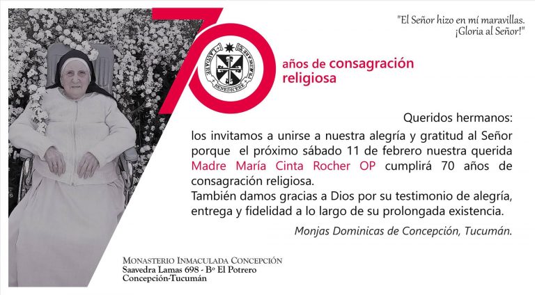 Sor Mª Cinta Rocher, 70 años de consagración religiosa.